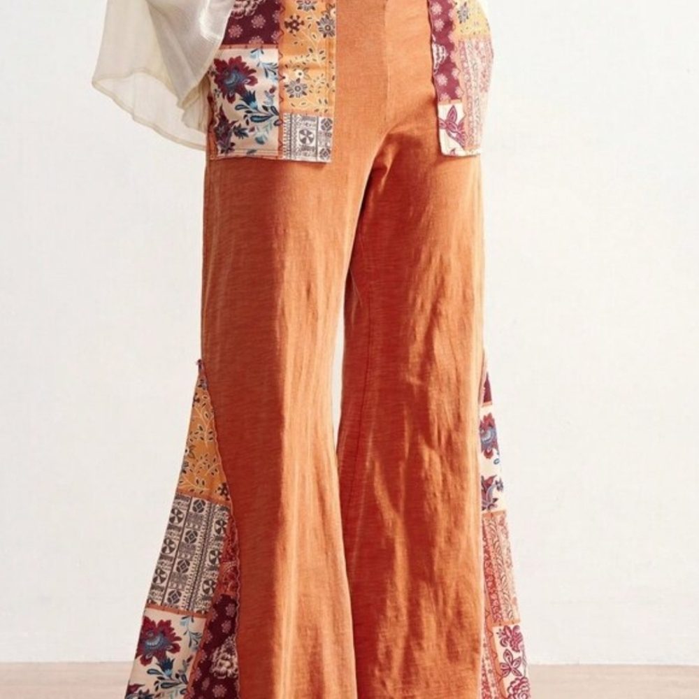Orange Boho Women's Casual Knit Patchwork Flare Washed Pants - Picture 4 of 8